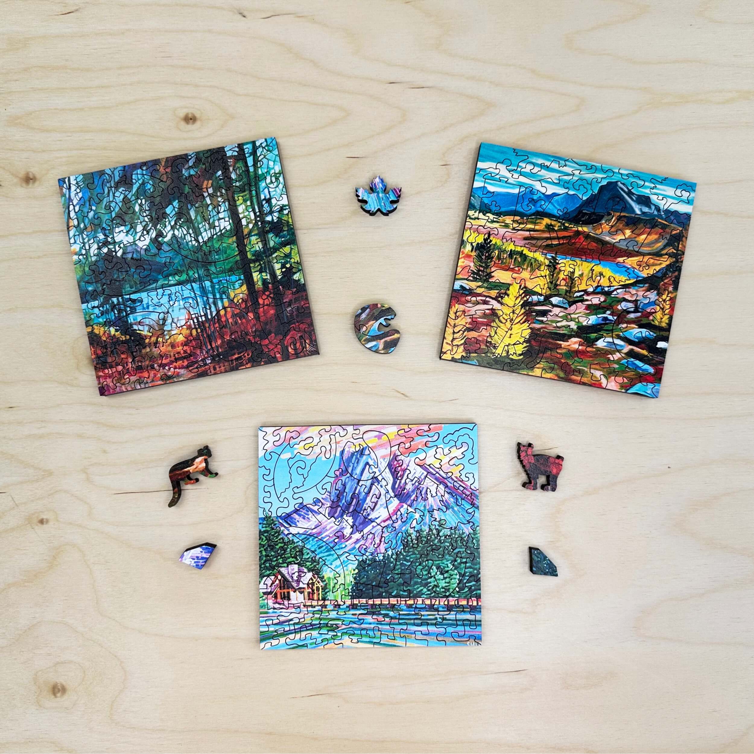 アート・デザイン・音楽 Dessins Tout-Terrain Calgary Artist Mountain Vistas - Flight of 3 Mini Puzzles – StumpCraft
