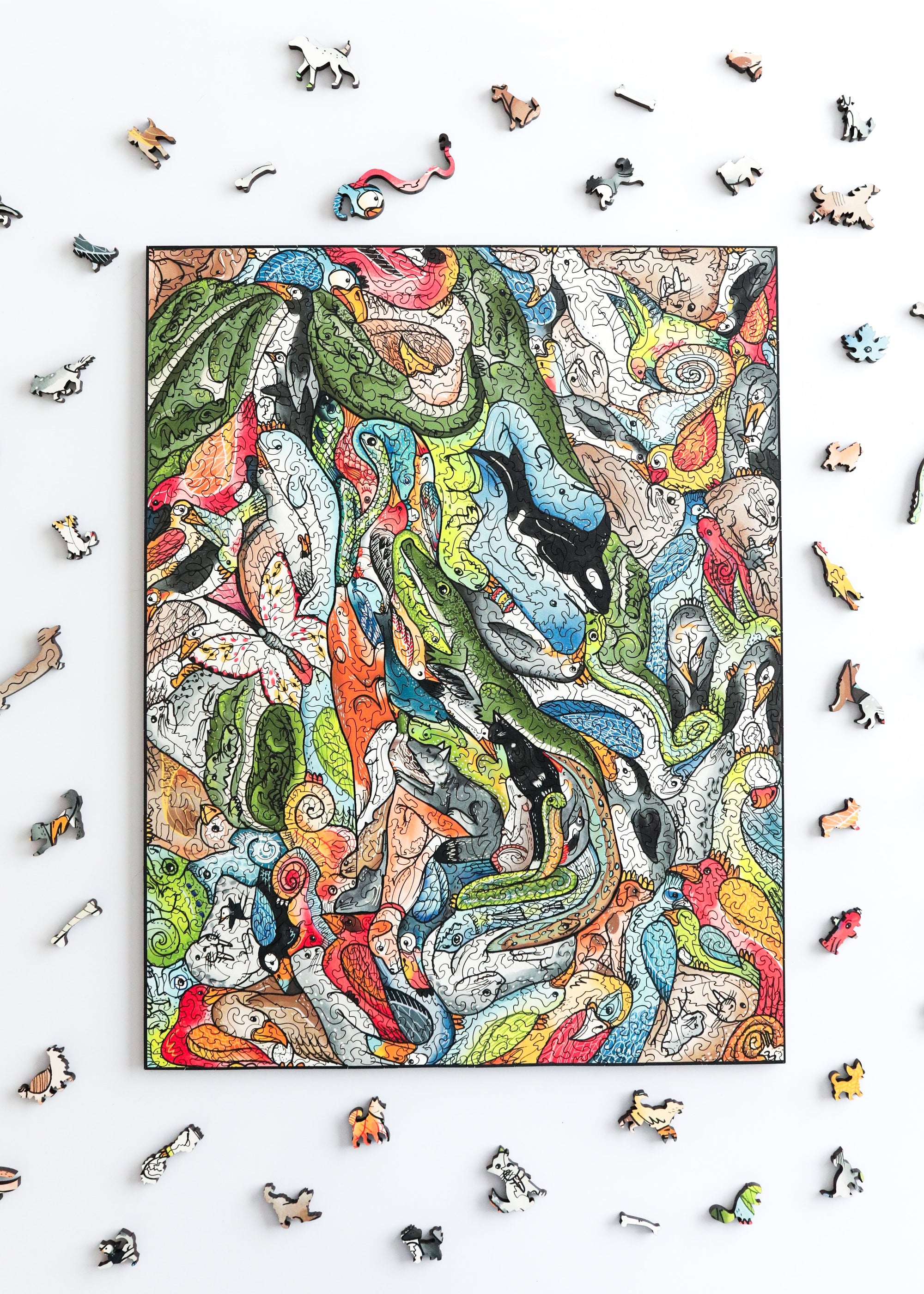 Colorful puzzle with a partially completed design on a white background